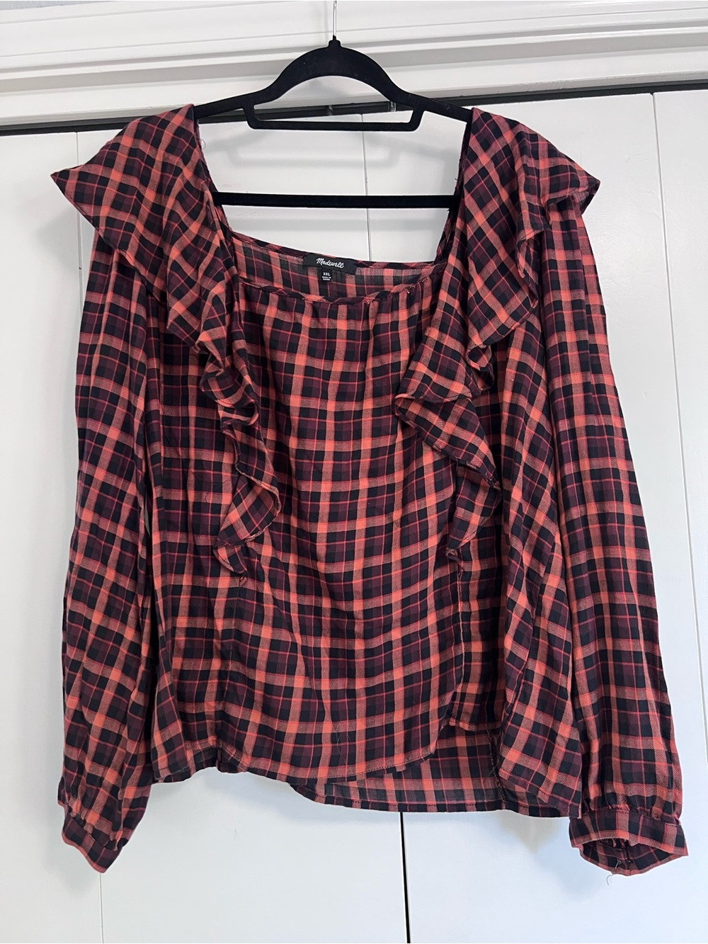 Madewell Orange and Black Plaid Ruffle-Front Blouse